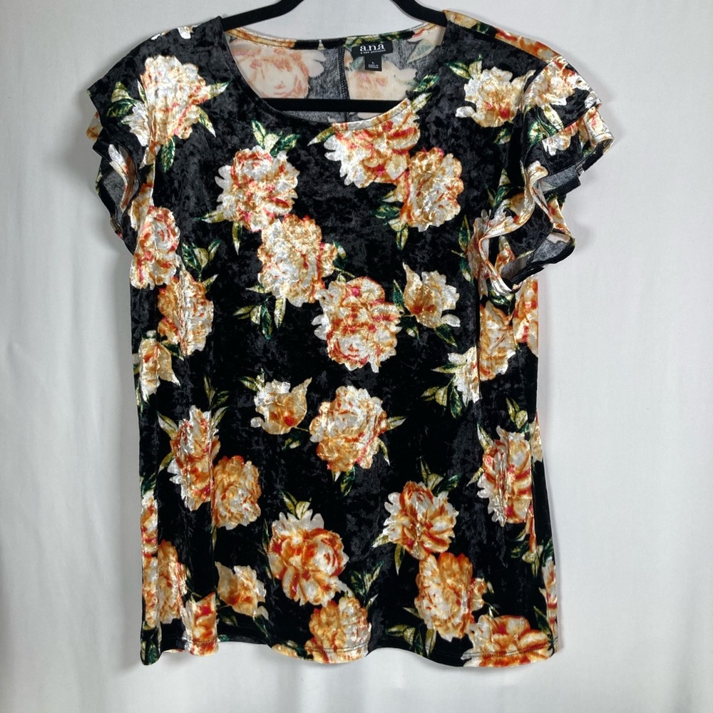 Velvet/Velour a.n.a Floral Black Top 2 Tier Ruffle Cap/Flutter Sleeve Sz L